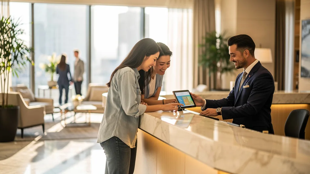 Concierge assisting guests with AI tablet in hotel lobby.
