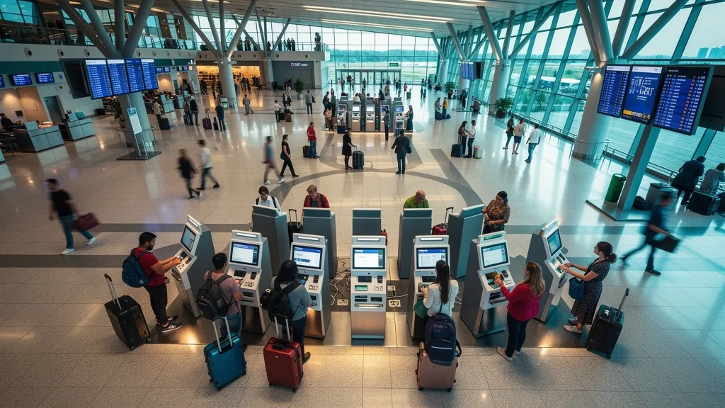 Travelers embracing the future of booking at the airport.