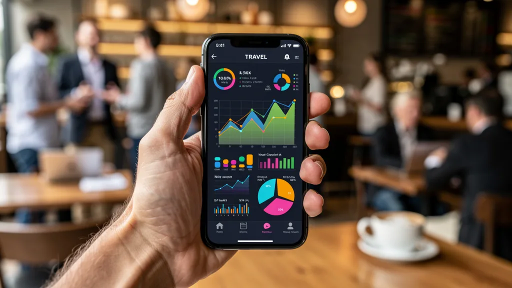 Hand holding smartphone showing financial graphs in a busy café setting.