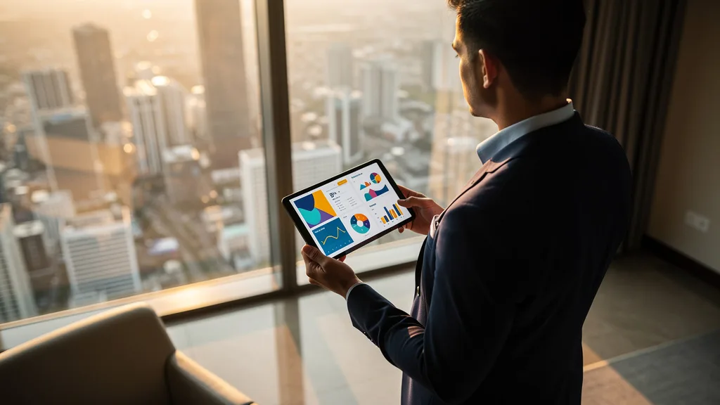 Hotel manager overlooking city skyline with a tablet showing digital analytics.
