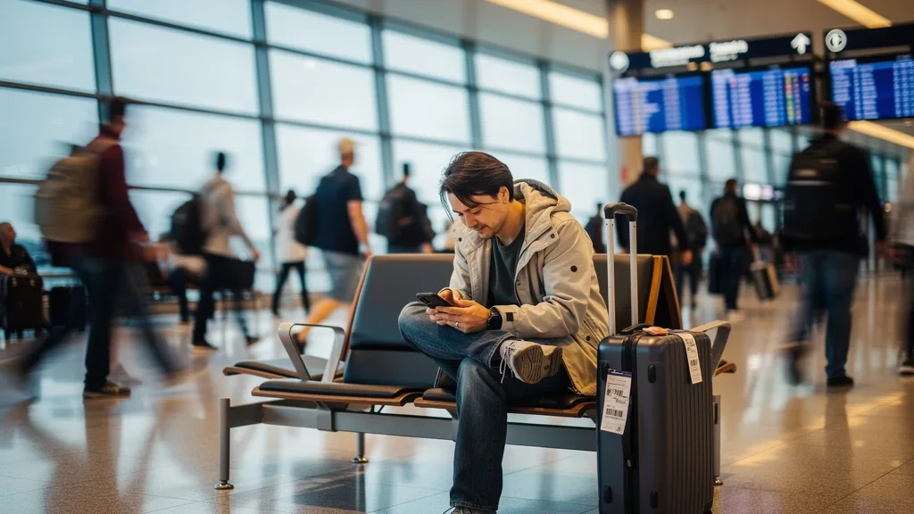 A traveler in an airport terminal scrolling through a smartphone.