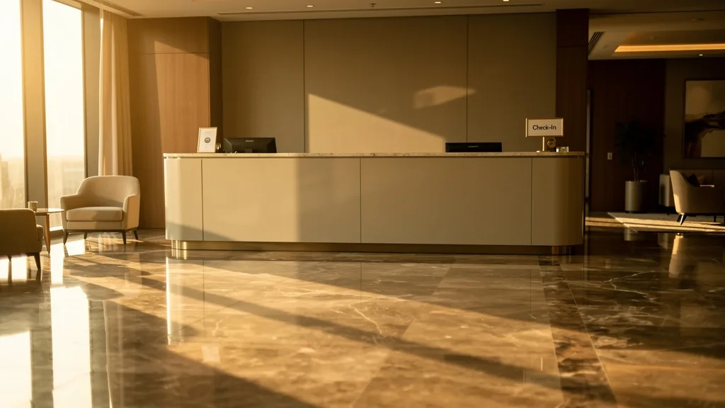 An empty hotel reception area with soft sunlight and a check-in sign.