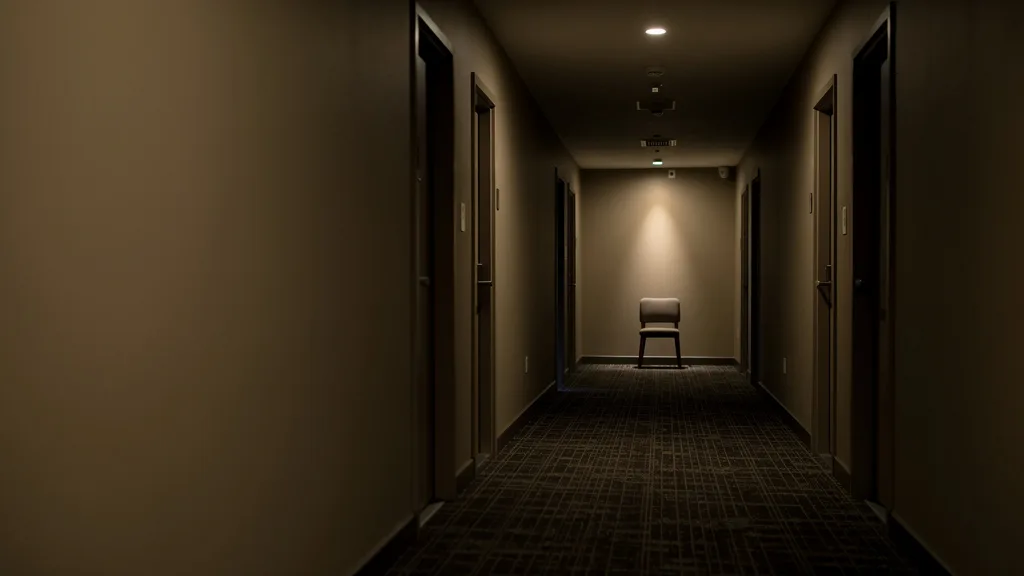 Empty hotel corridor with dim lighting and a chair at the end