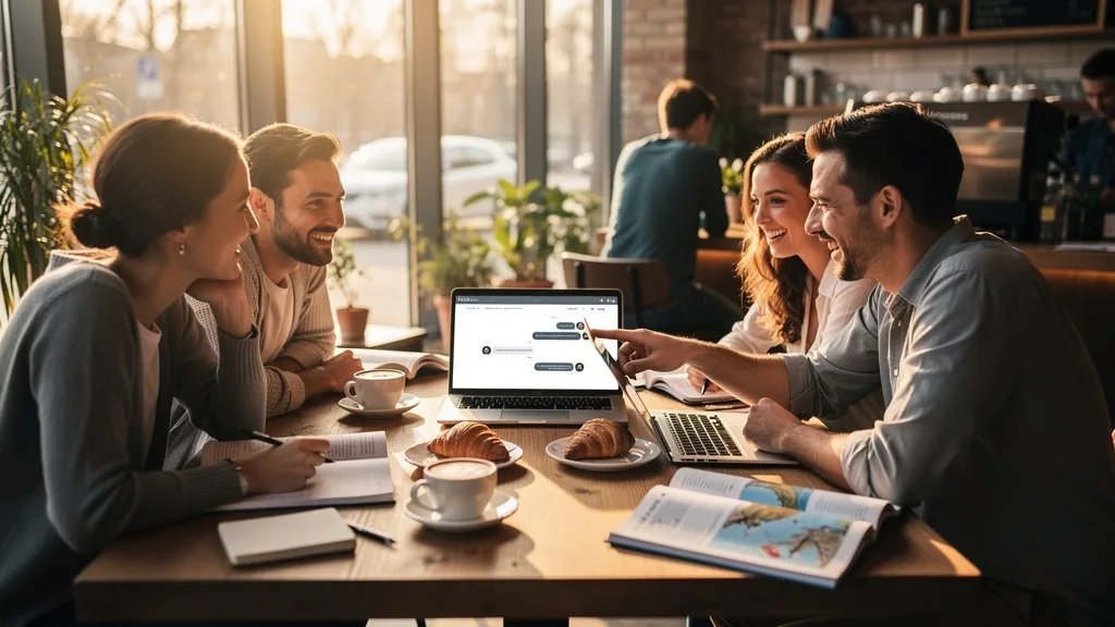 Collaborative travel planning in a modern café.