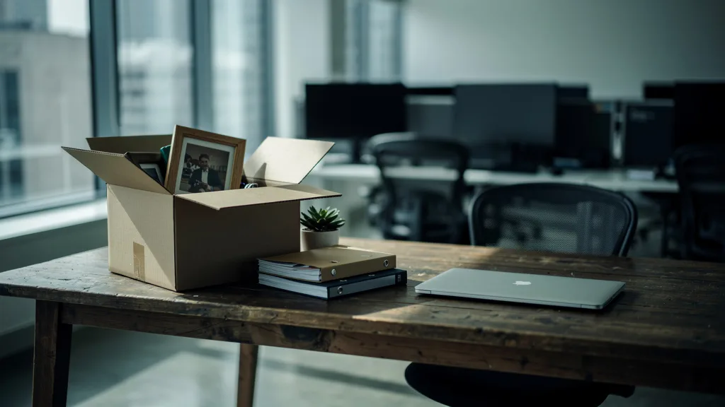 A solitary desk left in disarray symbolizes recent strategic changes.