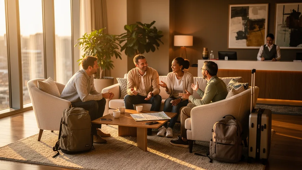 Travelers share experiences in a hotel lobby.